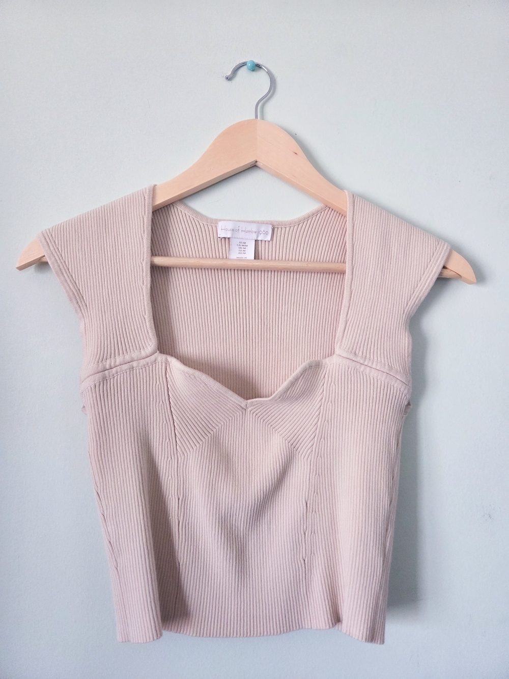 House of Harlow 1960 Ribbed Sweetheart-Neck Top in Light Beige